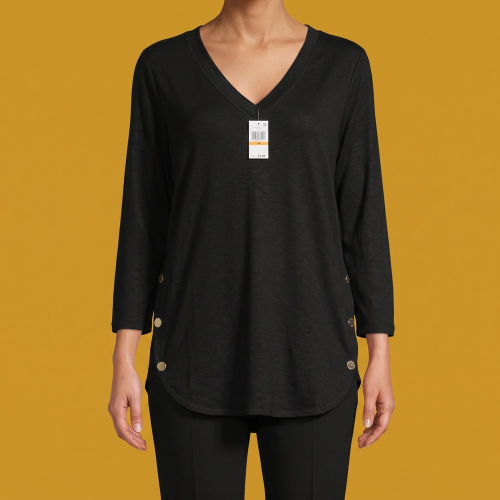 Jones New York Sweater Womens S Signature Black Gold Button V-Neck NEW